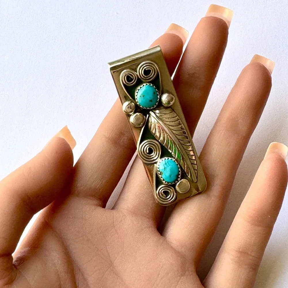 Navajo Money Clip Turquoise Sterling Wilbur Myers Native American Tooled
